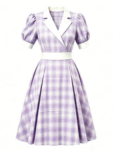 Load image into Gallery viewer, 1950s Baby Blue Plaid Notch Lapel Collar Vintage Puff Sleeve Retro Swing Dress