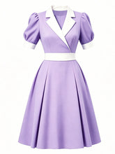 Load image into Gallery viewer, 1950s Lake Blue Notch Lapel Collar Vintage Puff Sleeve Retro Swing Dress