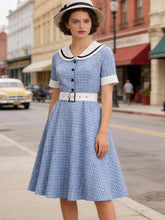Load image into Gallery viewer, 1950s Blue Plaid Vintage Sailor Collar Short Sleeve Swing Dress
