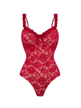 Load image into Gallery viewer, 2PS Red Floral Lace One Piece Swimsuit with Sheer Maxi Skirt Set