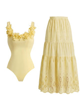 Load image into Gallery viewer, Women’s Pastel Yellow 3D Flower Applique One-Piece Swimsuit and Eyelet Cutout Long Skirt Set