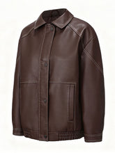 Load image into Gallery viewer, Women's Dark Brown Contrast Stitch Faux Leather Bomber Jacket