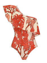 Load image into Gallery viewer, Women's Red Tropical Print One-Shoulder Ruffle Swimsuit &amp; Wide-Leg Pants Set
