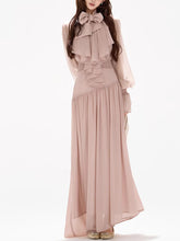Load image into Gallery viewer, Pink Flowy Chiffon Maxi Dress with Oversized Bow Collar and Elegant Puff Sleeves