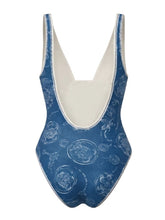 Load image into Gallery viewer, Vintage Blue Bandana Paisley One-Piece Swimsuit with Matching Mini Skirt