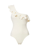 Load image into Gallery viewer, White One-Shoulder Scallop Cutout Swimsuit Tie-Front Sarong Skirt Set