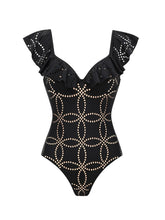 Load image into Gallery viewer, Black Eyelet Ruffle One Piece Swimsuit with Maxi Skirt 2 Piece Resortwear Set