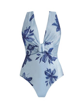 Load image into Gallery viewer, Vintage Blue Floral One-Piece Swimsuit with Matching Wrap Skirt