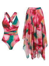 Load image into Gallery viewer, Women's Deep V-Neck Crossback One Piece Swimsuit with Asymmetric Maxi Skirt Set