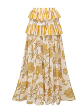 Load image into Gallery viewer, Women's Yellow Floral Striped Halter Swimsuit &amp; Tiered Ruffled Maxi Skirt Set