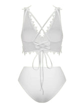 Load image into Gallery viewer, Women's White Lace Trim Bikini Bridal Swimsuit with Asymmetric Cover-Up Skirt