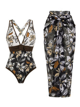 Load image into Gallery viewer, Women’s Black and Brown Floral Print Criss-Cross One-Piece Swimsuit and Sheer Sarong Set