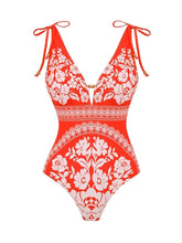 Load image into Gallery viewer, Women's Red Floral Bohemian One Piece Swimsuit with Matching Maxi Cover Up Skirt Set