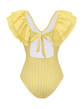 Load image into Gallery viewer, Women's Yellow Striped Ruffle V-Neck One Piece Swimsuit with Tiered Maxi Skirt Set