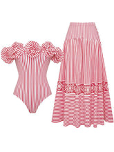 Load image into Gallery viewer, Barbiecore Pink and White Vertical Striped Strap Flowers One-Piece Swimsuit with Bathing Suit Skirt