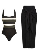 Load image into Gallery viewer, Women's Striped Square-Neck Swimsuit &amp; Tie-Front Sarong Skirt Set