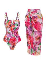 Load image into Gallery viewer, Women's Red Floral One Piece Swimsuit and Beach Set, Gold Chain Strap Bathing Suit with Beach Skirt Cover Up