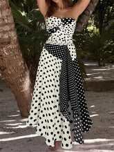 Load image into Gallery viewer, Women's Strapless Polka Dot One Piece Swimsuit with Asymmetric Maxi Skirt Set