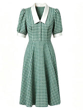 Load image into Gallery viewer, 1940s Vintage Green Gingham Puff Sleeve Swing Dress - Retro Cottagecore Picnic Midi Dress