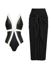 Load image into Gallery viewer, Black Color Block One-Piece Swimsuit with Tie-Front Wrap Skirt