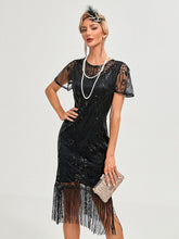Load image into Gallery viewer, Women's 1920s Flapper Dress with Flutter Sleeves Emerald Green Gatsby Costume Sequin Fringe Dress