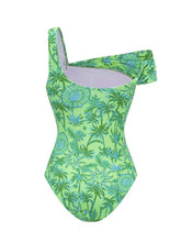 Load image into Gallery viewer, 2PS Green One Shoulder Ruched Tropical Swimsuit with Skirt Set