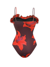 Load image into Gallery viewer, Dark Red Tropical Floral One Piece Swimsuit with Ruffle Skirt Set