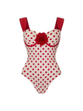 Load image into Gallery viewer, Vintage 1950s Red Polka Dot One Piece Swimsuit with Red Rose