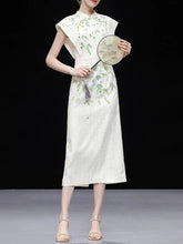 Load image into Gallery viewer, White Satin Green Leaves Flying Sleeves Print Vintage Dress
