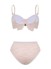 Load image into Gallery viewer, 3 Piece Textured Pink Bathing Suit Vintage 1960s Mod Bow Bikini Set