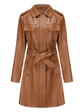 Load image into Gallery viewer, Women's Black Faux PU Leather Trench Mid-Length Coat with Belt