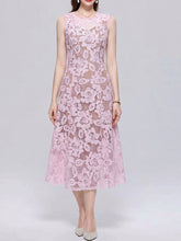 Load image into Gallery viewer, Baby Blue Floral Sheer Lace Sleeveless Cutout A-Line Midi Dress