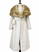 Load image into Gallery viewer, 1970s vintage style cream long coat with a contrasting golden brown faux fur shawl collar and self-tie waist belt.