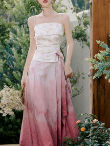 Pink Floral Tube Top and Horse-face Skirt 1950s Cardigan Suit