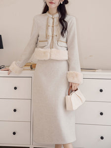2PS Apricot Warm Thickened Top and Skirt Suit With Fake Fur Hem