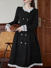 Load image into Gallery viewer, Black Crew Neck Tweed 1950s Swing Dress Coat With White Lace Ruffles
