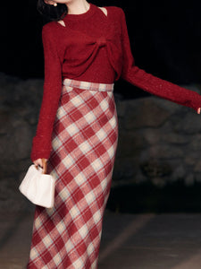 2PS Red Bow Knitted Sweater Top With Plaid Skirt Vintage 1950s Suits