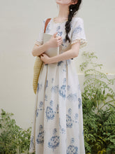 Load image into Gallery viewer, Retro Blue and White Porcelain Style Ballerina Graphic Dress Elegant Lace Flare Midi Dress for Picnic Vacation