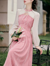 Load image into Gallery viewer, White Tulle Long Sleeve Pink Velvet Vintage Dress