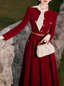 Red Velvet Vintage Dress With Gold Buttons