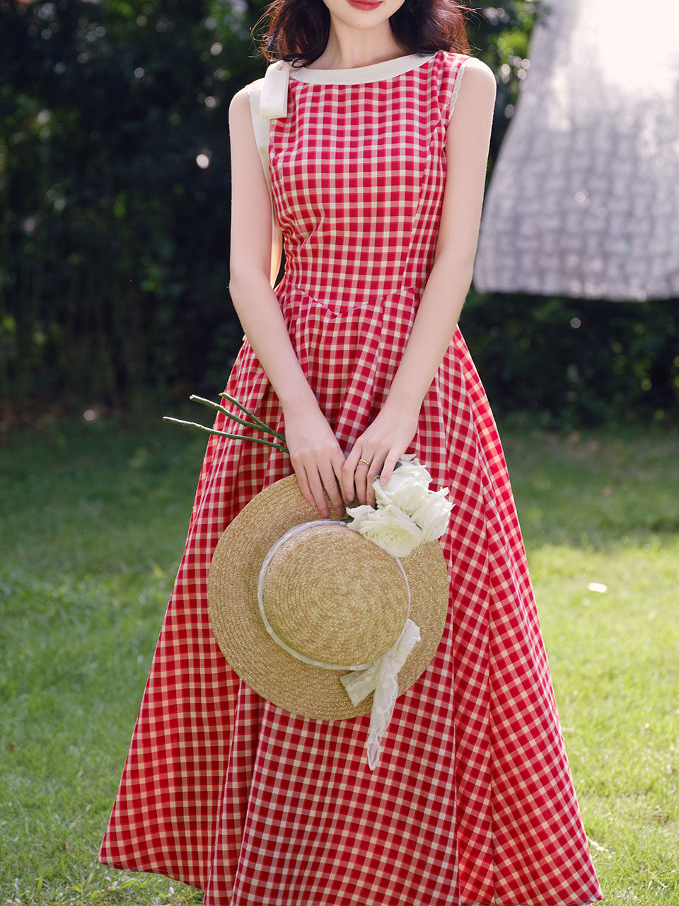 red plaid sleeveless dress Red Plaid Print Sleeveless 1950S Vintage Dress, Red / XS