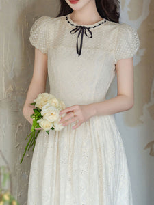 White Embroidered Bow Ribbon Crew Neck Puff Sleeve Princess Dress