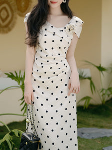 White Polka Dot Retro One Shoulder Chiffon Midi Dress