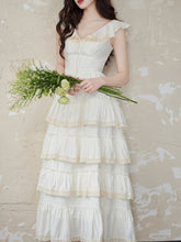 Load image into Gallery viewer, White Ruffles V Neck Layered Lace Maxi Vintage Dress