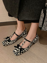 Load image into Gallery viewer, Women&#39;s Flat Heel Leopard Square Toe T-strap Rhinestone Vintage Shoes