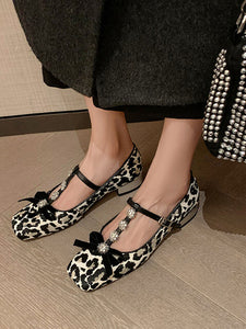 Women's Flat Heel Leopard Square Toe T-strap Rhinestone Vintage Shoes