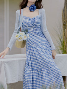 3PS Blue Plaid Spaghetti Strap Dress With Blue Shawl Dress Suit, Blue / XS 3PS Blue Plaid Spaghetti Strap Dress With Blue Shawl Dress Suit, Blue / XS