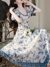 Load image into Gallery viewer, Blue Vintage Pattern Puff Sleeve Victoria Edwardian Dress