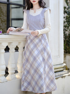 1950s Vintage White Sweater And Purple Plaid Dress Suit