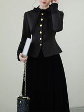 Load image into Gallery viewer, Black Bowknot Collar Gold Buttons Winter Coat and Black Skirt Vintage Set